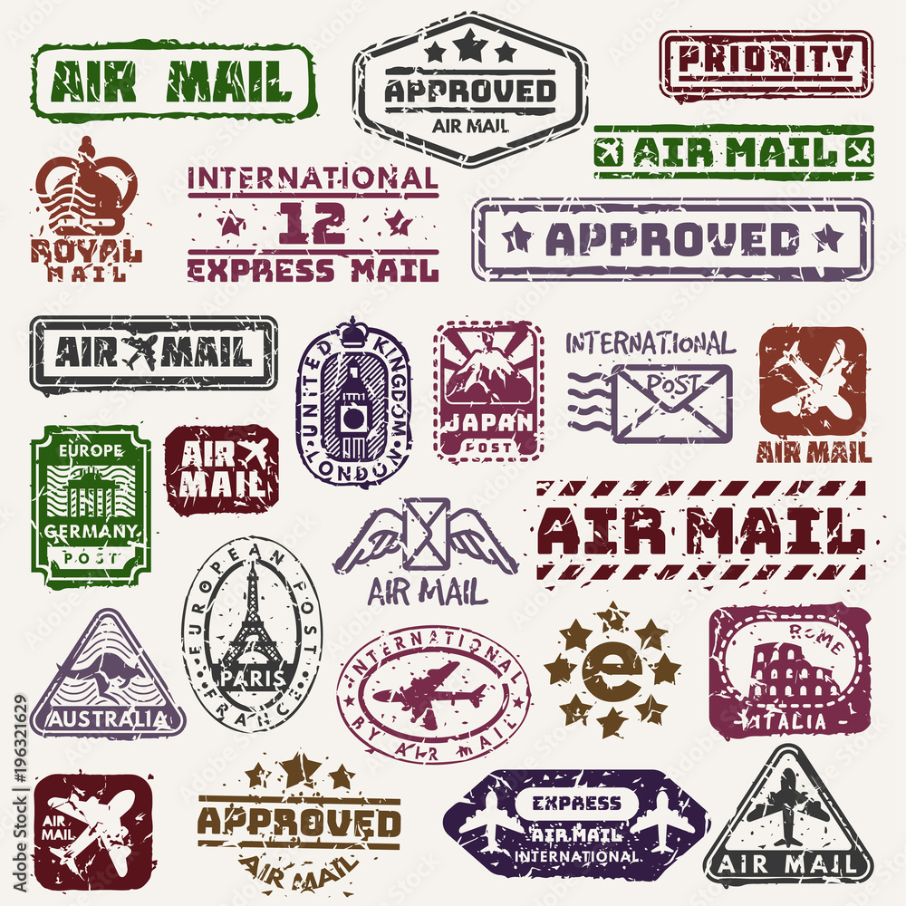 Vector vintage postage mail stamps retro delivery badge plane, train  transport stickers collection grunge stamps print. Postmark design  correspondence sign. Antique communication template texture Stock Vector