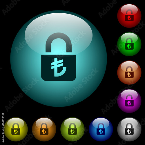 Locked lira icons in color illuminated glass buttons