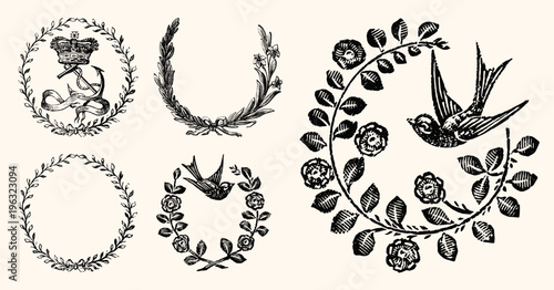Vintage Wreath and Bird Vector Line Art - Early 1800s Decorative Illustrations