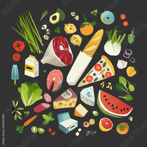Groceries, fruits and vegetables, meat and cheese, some bakery and dairy product