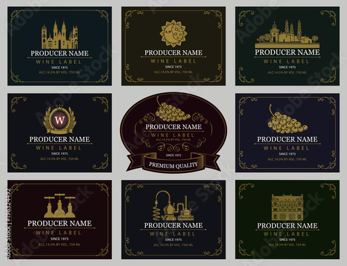 Vector set of wine labels with the image of grapes, winery, castle, sun, landscape, coat of arms and other in retro style in frames with curls