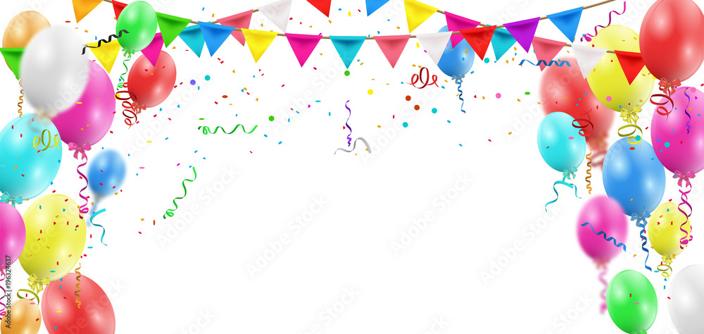 Balloons header background. Party card with colourful balloons. Balloon background. - obrazy, fototapety, plakaty 