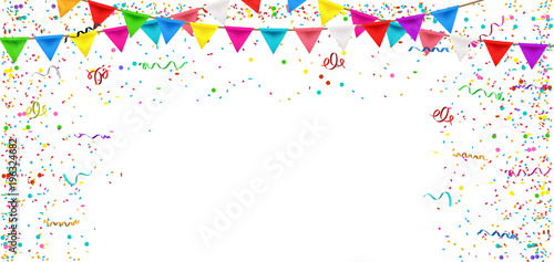 Konfetti Header mit Konfetti und Luftschlangen. Colorful Confetti on White Background - Festive Illustration, Vector.