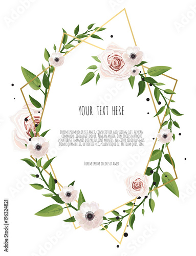 Vector Floral card design with elegant bouquet wreath with pink anemone flowers and rose. Greeting design with beautiful spring flowers. photo