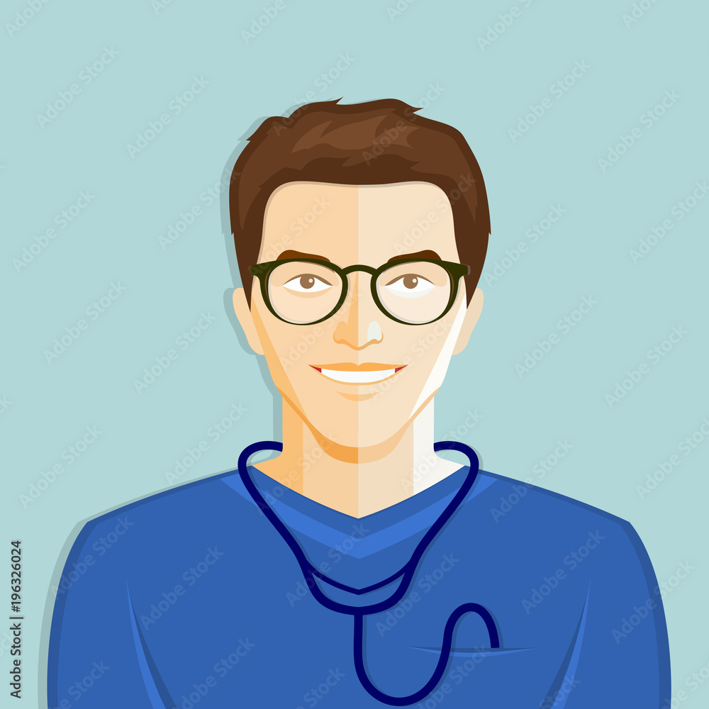 Young male Medical Doctor with stethoscope. Flat style. Vector illustration