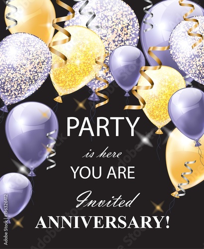 Happy Anniversary card with shinny balloons. Festive party background realist...