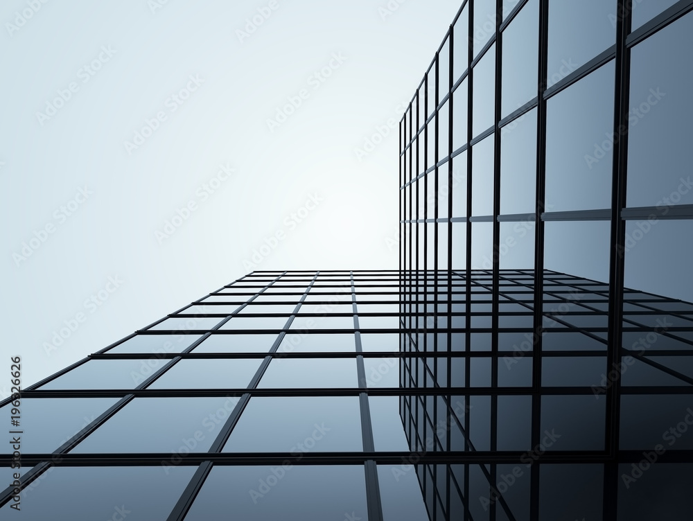 3D stimulate of highrise glass building and dark steel window system on blue clear sky background,Business concept of future architecture,lookup to the angle of the corner building. 3D stimulate of highrise glass building and dark steel window system on blue clear sky background,Business concept of future architecture,lookup to the angle of the corner building.