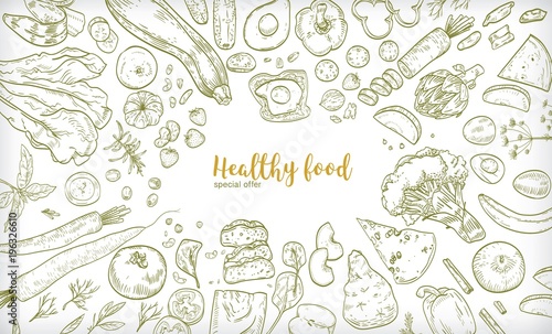 Horizontal banner with frame consisted of different healthy or wholesome food, fruit and vegetable slices, nuts, eggs and bread hand drawn on white background. Contour vector illustration.