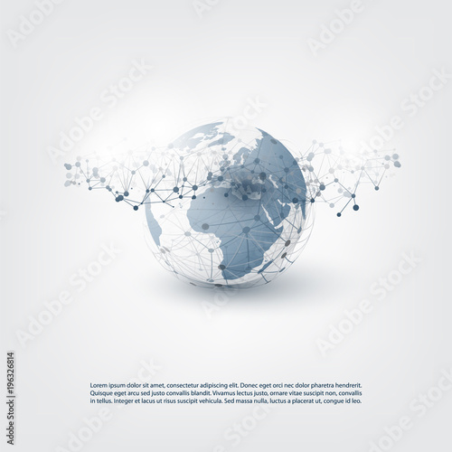 Cloud Computing, Networks Structure, Telecommunications Concept Design, Worldwide Network Connections with Earth Globe, Transparent Geometric Wireframe - Vector Illustration