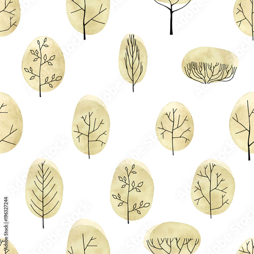 Watercolor trees seamless pattern on white background