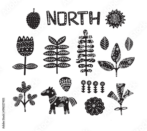 clip-art with horse, flowers and hand-drawn elements. Children's texture. Great for fabric, textile vector illustration