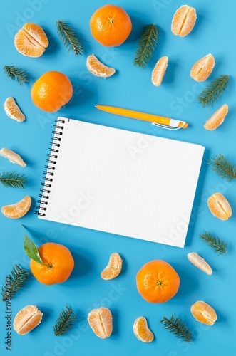 Notebook, pen and tangerine