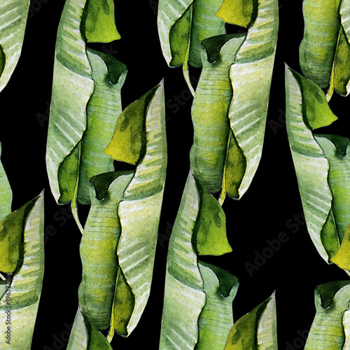 Beautiful bright watercolor pattern with tropical leaves.