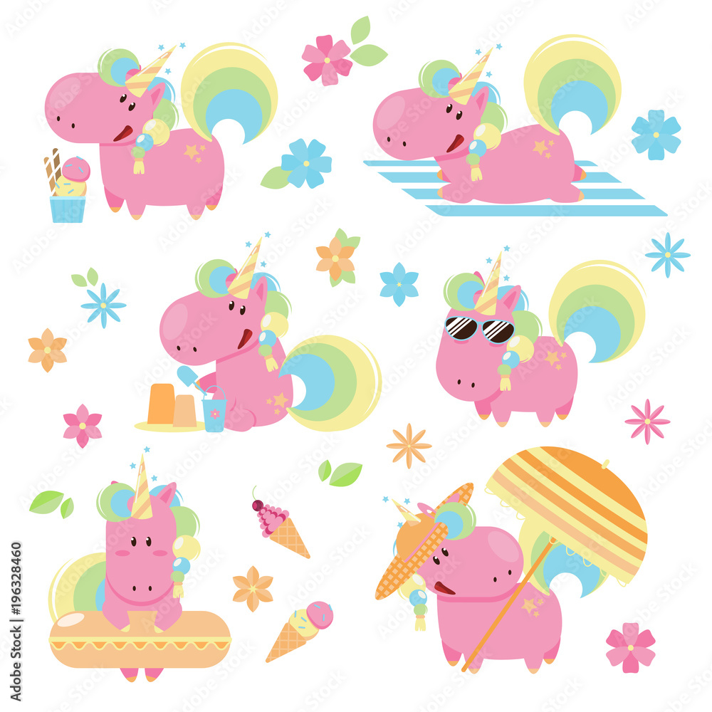 Set of cute and fun summer pink unicorn on a beach