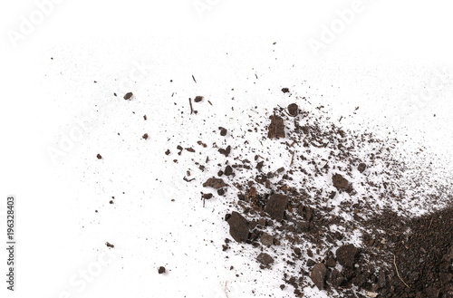 Pile of soil, dirt isolated on white background, top view