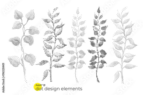 Fototapeta Naklejka Na Ścianę i Meble -  Universal trend dotty leaves set. Dotted bright bold elements co