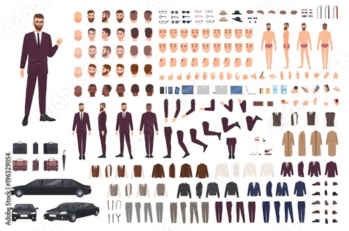 Elegant man dressed in business or smart suit creation set or DIY kit. Collection of body parts, stylish clothes, faces, postures. Male cartoon character. Front, side, back views. Vector illustration. photo