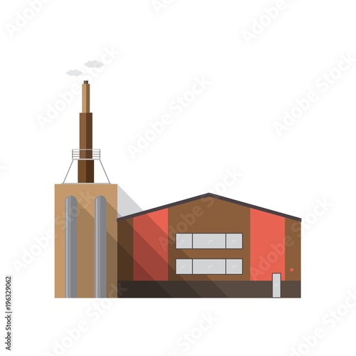 Modern factory building with pipe emitting smoke isolated on white background