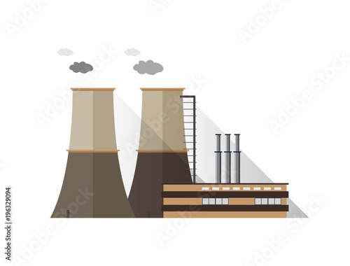 Factory building with pipes and cooling towers emitting vapor isolated on white background