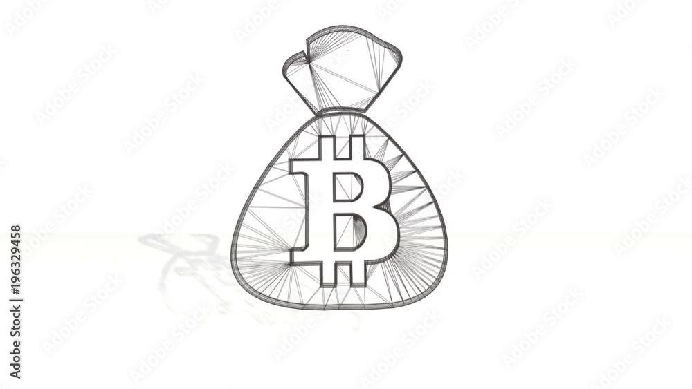3d black wireframe spin and assemble into a 3d bitcoin symbol on the bag. 4k 3d clean animation on white background 3d black wireframe spin and assemble into a 3d bitcoin symbol on the bag. 4k 3d clean animation on white background