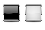 Square glass buttons. Set of black and white 3d icons with chrome frame