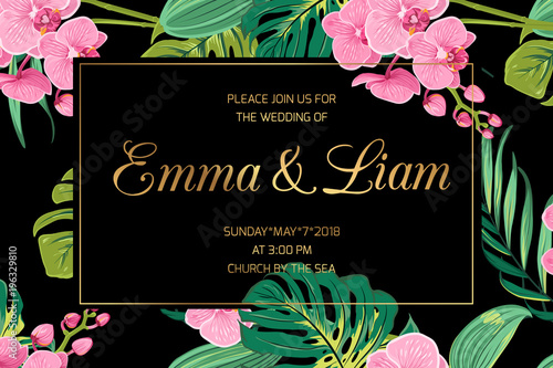 Wedding invitation card template. Pink orchid phalaenopsis flowers. Exotic tropical jungle bright green palm tree monstera leaves. Border frame dark black night background. Golden text placeholder.