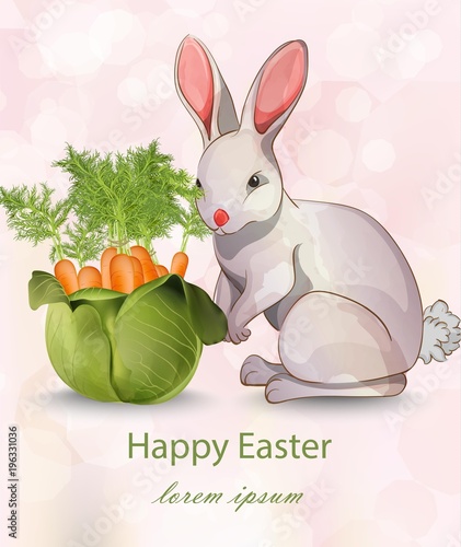Happy Easter card with rabbit and carrots Vector. Green vase bouquet illustra...