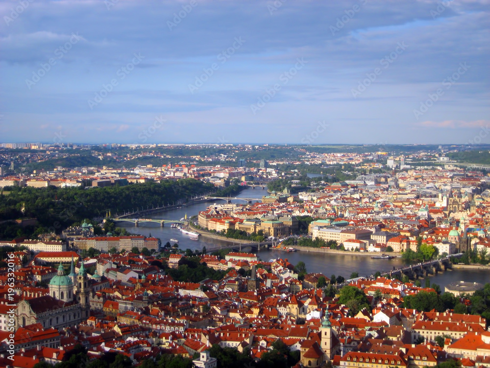 Aerial view of Charles Bridge over Vltava river and Old city
