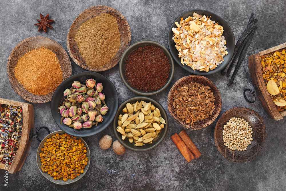 Overhead view of Indian spices and seasonings in bowls Overhead view of Indian spices and seasonings in bowls