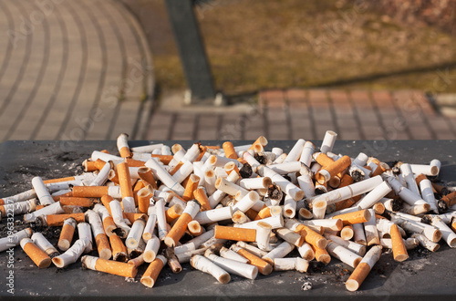 Cluster of cigarette butts gathered from smokers photo