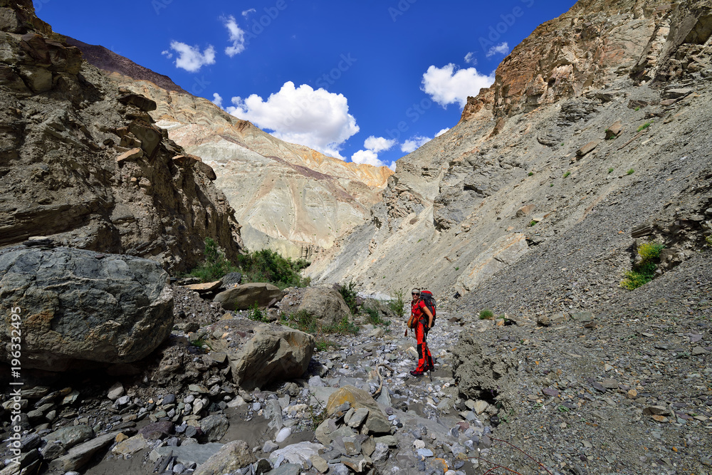 Traveller on the trekking on Markha valley trek route in Ladakh