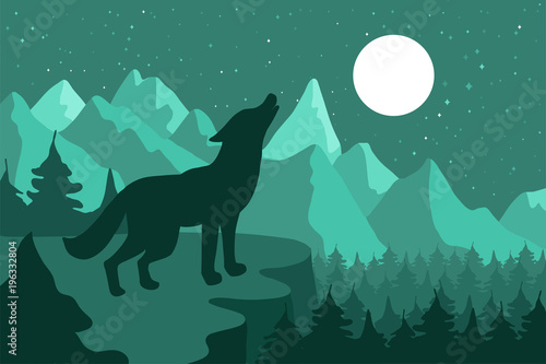 Wolf in the night coniferous forest near the mountains under moon