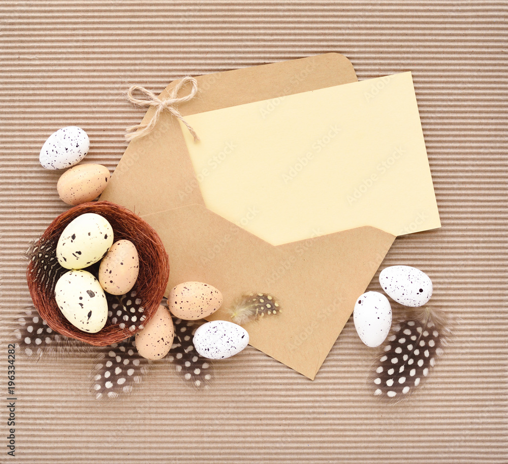 Festive easter background with eggs with empty space for your greetings. Top view Festive easter background with eggs with empty space for your greetings. Top view