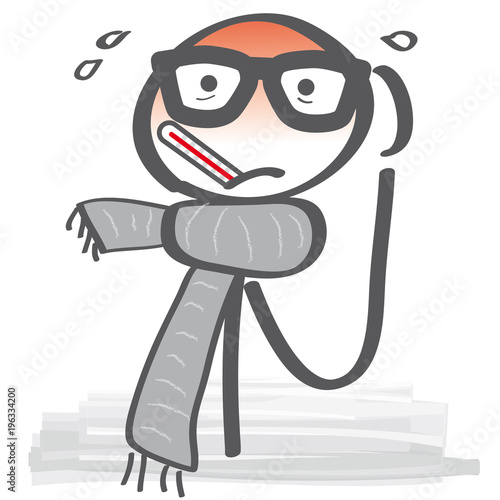 Grippewelle - Mann mit Schal und Fieberthermometer. Comic Strichmännchen Vektor Illustration