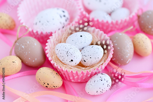 Festive easter background with eggs and ribbons
