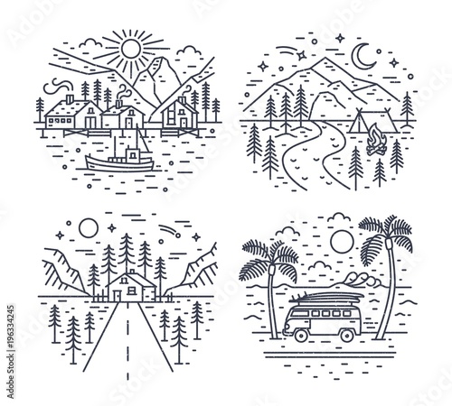 Collection of road trip touristic locations or landscapes with mountains, sea and forest trees drawn with black contour lines on white background. Monochrome vector illustration in lineart style.