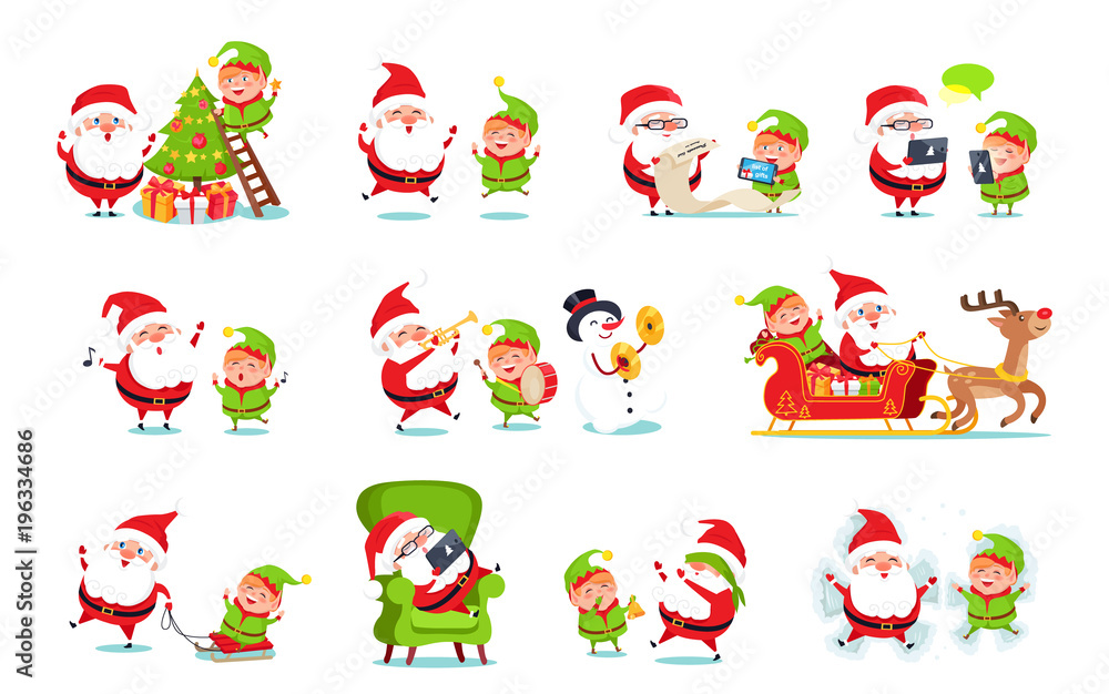 Santa Claus Activities Set Vector Illustration Santa Claus Activities Set Vector Illustration