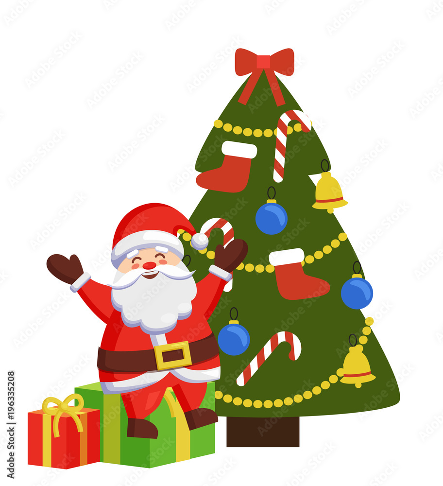 Happy Santa Sits on Gift Boxes Decorated Xmas Tree Happy Santa Sits on Gift Boxes Decorated Xmas Tree
