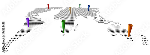 Vector perspective dotted world map with colored marks