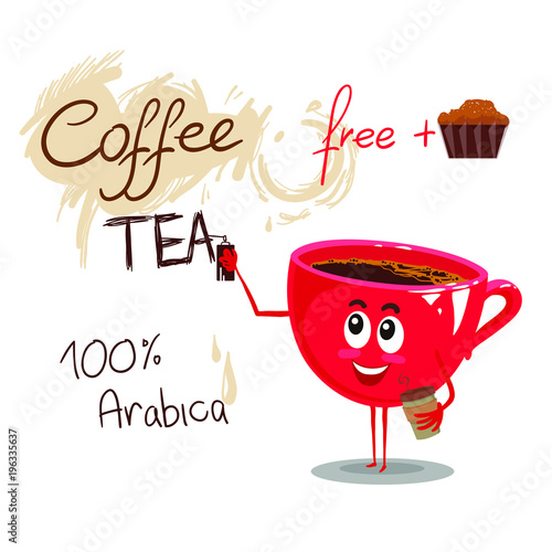 Vector cup of coffee with different text. Illustration isolated on white background.