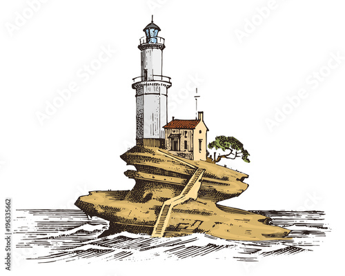 Lighthouse and sea. Marine sketch, nautical journey and seascape. Lighting in the ocean. engraved vintage, hand drawn, atlantic tidal wave. Navigation for ships and yachts.