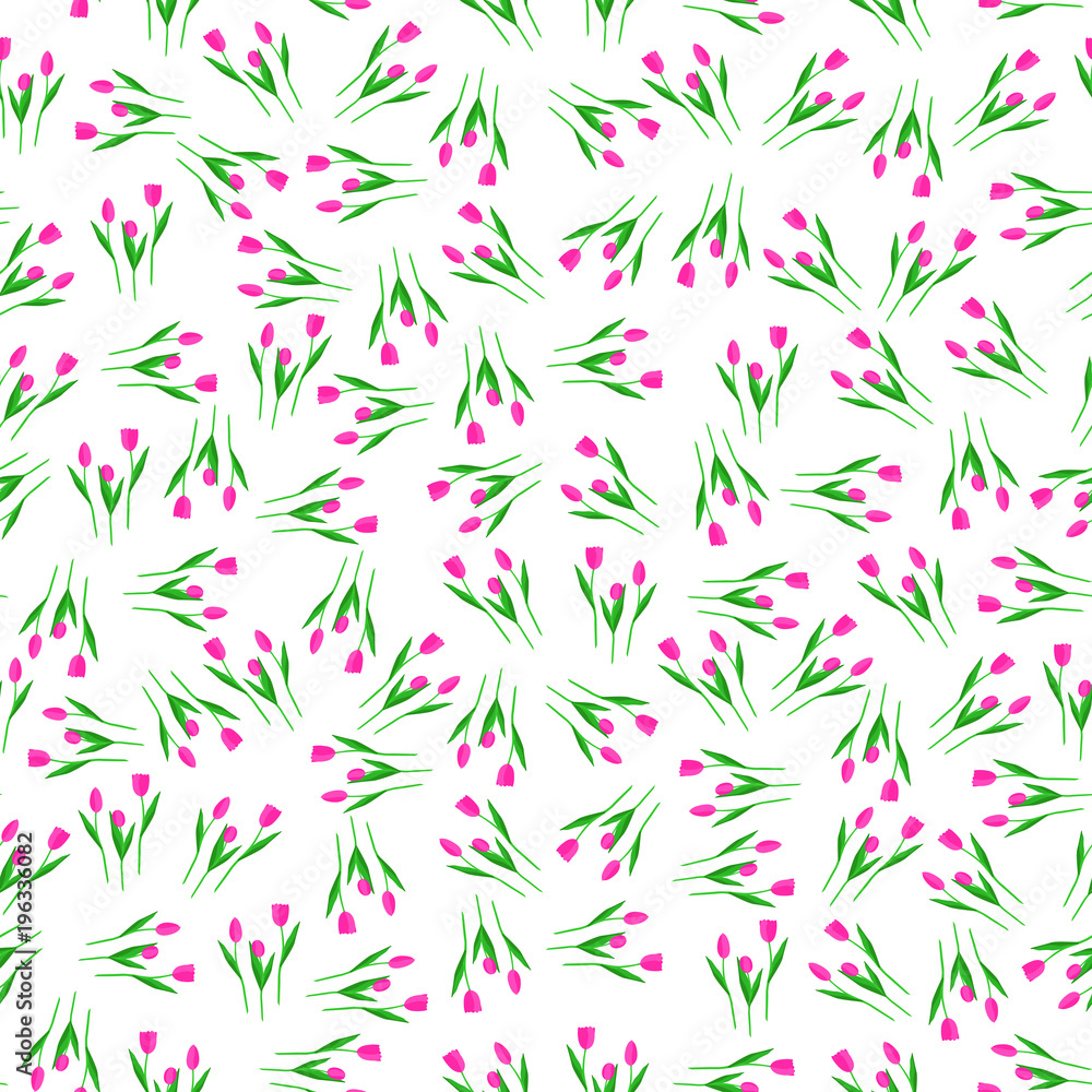 Seamless pattern with red tulips. Tulips in a chaotic location on a white seamless background. Floral design background (eps10)