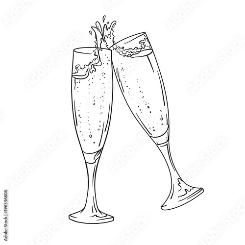 Vector glasses of champagne in lines. Black and white version. Isolated on white background.