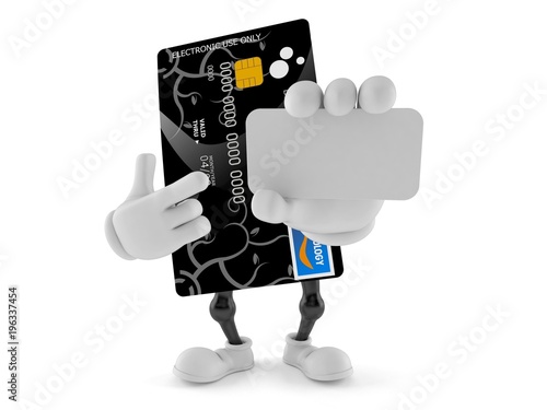 Credit card character holding blank business card
