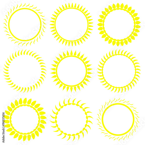 Set of fire circles spiked frames. vector sun crown.