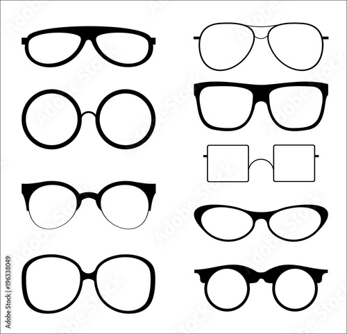 Vector illustration set of silhouettes sunglasses isolated on white color background. Glasses model icons in trendy and vintage, hipster shapes, different 80th and 90th style.