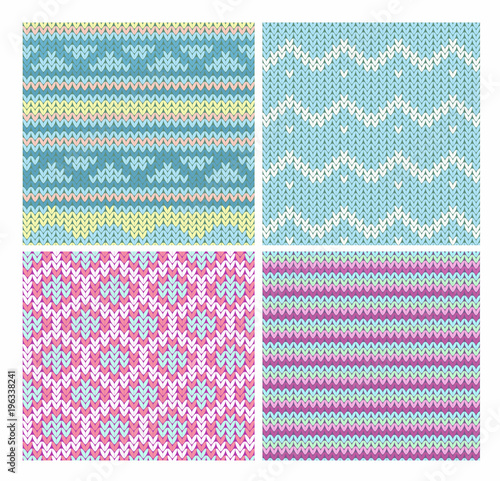Vector illustration collection of seamless knitting fabric patterns with stylized winter ornament in blue and pink colors.