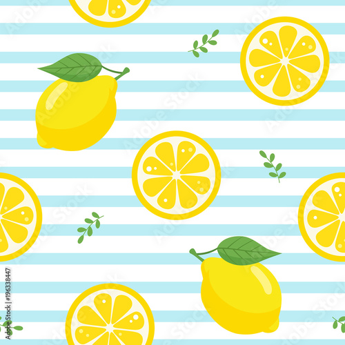 Lemon seamless pattern on stripe background