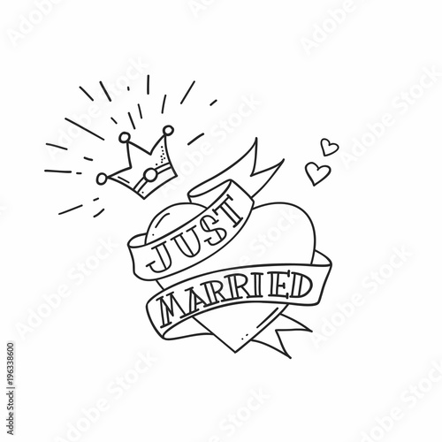 Old school tattoo heart with crown and ribbon with inscription Just Married. Vintage rebel wedding design. Vector illustration.