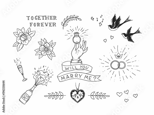 Set of hand drawn traditional tattoo elements. Vintage vector design for stickers ar prints.